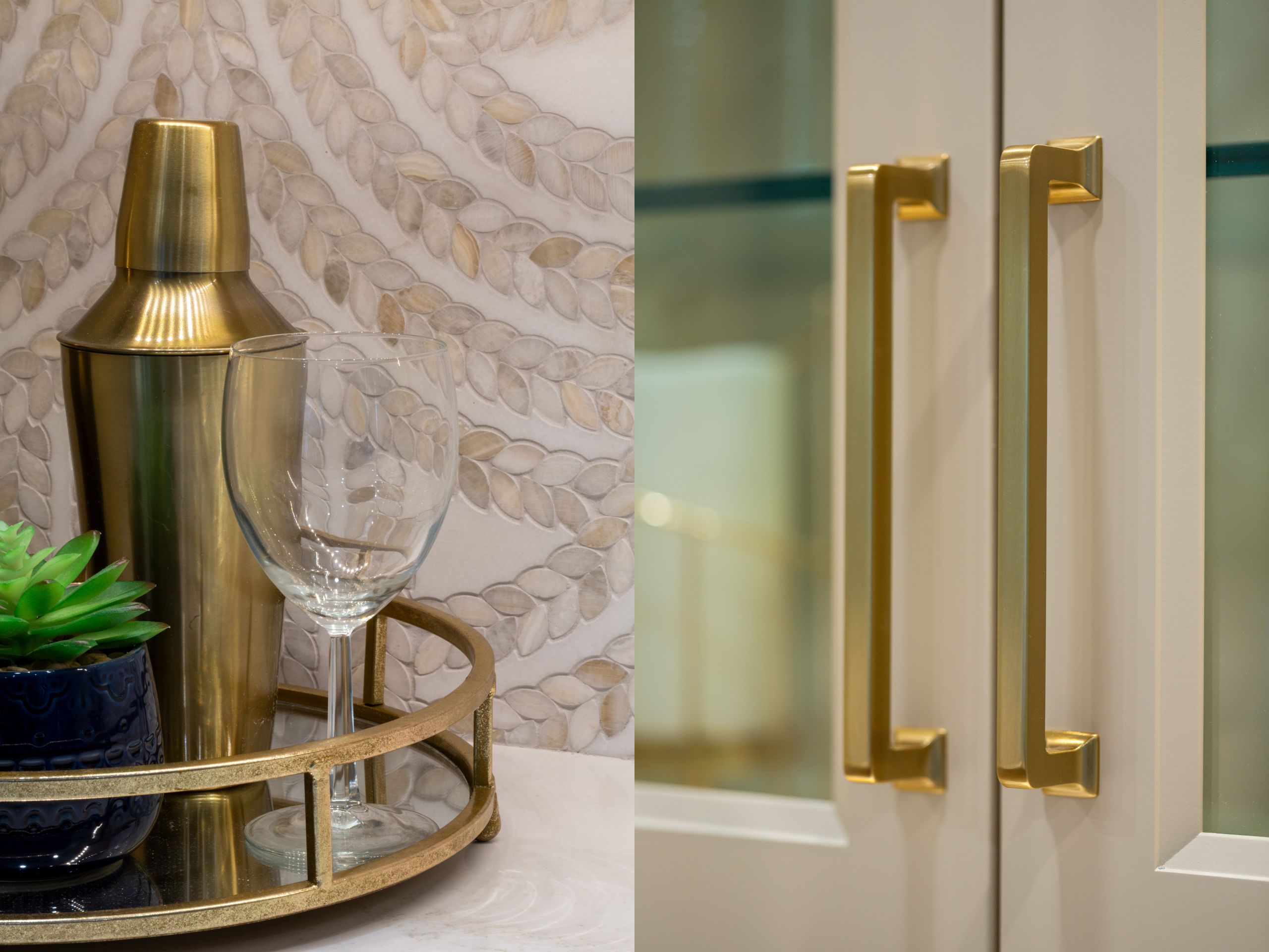 Image of backsplash tile and gold cabintery hardware